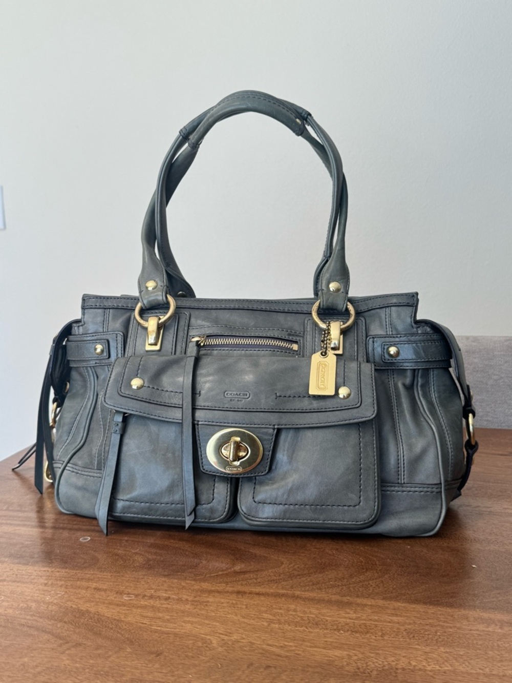 Vintage Coach Hampton Lindsay Satchel Olive Gray Leather Turnlock